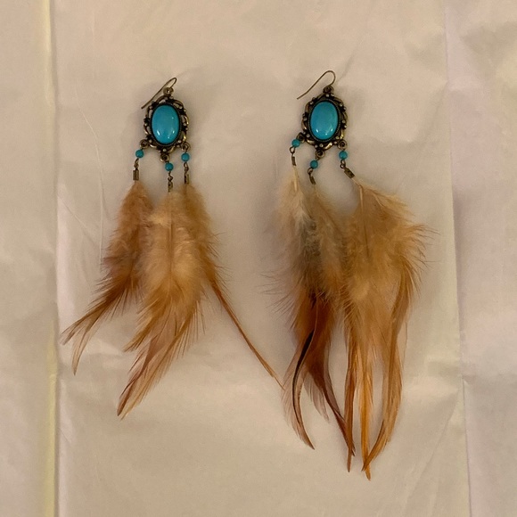 NWOT Feather and turquoise earrings, 7” long - Picture 2 of 3